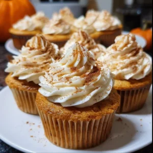 Delicious Pumpkin Pie Cupcakes topped with creamy frosting and spices