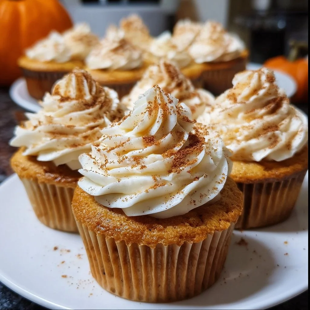 Delicious Pumpkin Pie Cupcakes topped with creamy frosting and spices