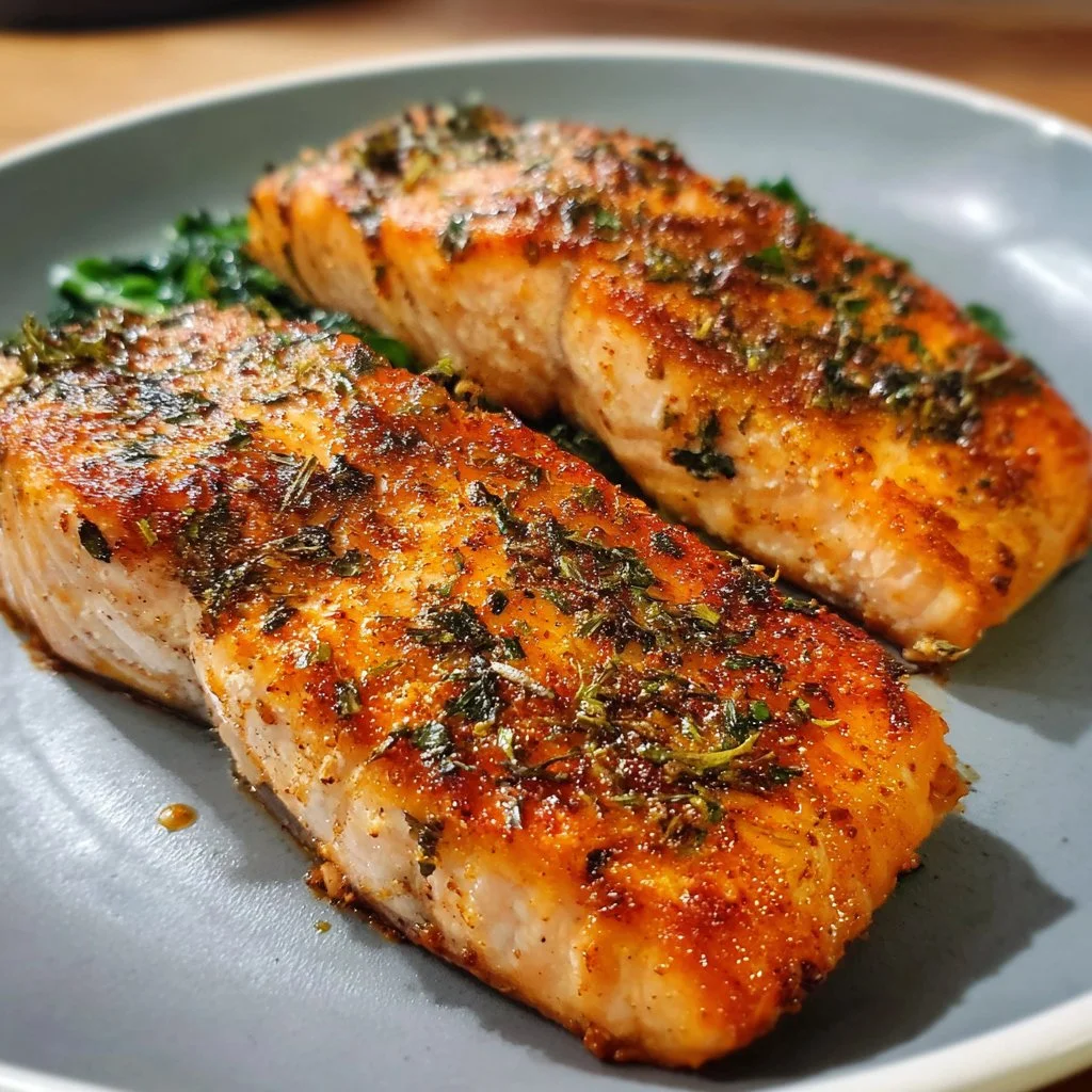 Quick and easy seasoned salmon filets made in an air fryer