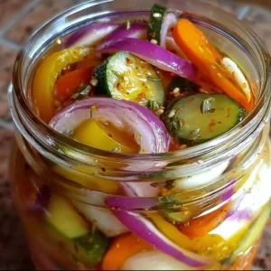 Colorful quick and tangy refrigerator pickled vegetables in a jar.