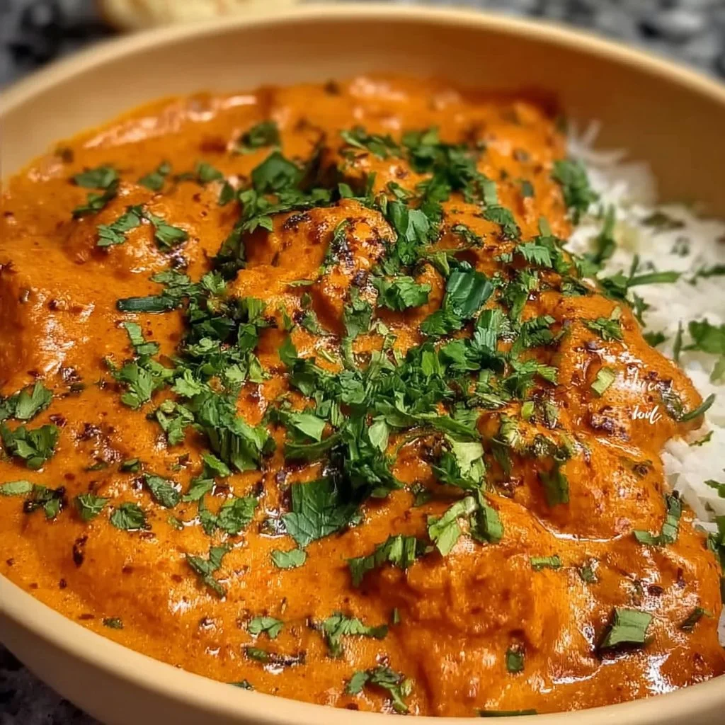 Delicious homemade butter chicken served with rice and naan bread.