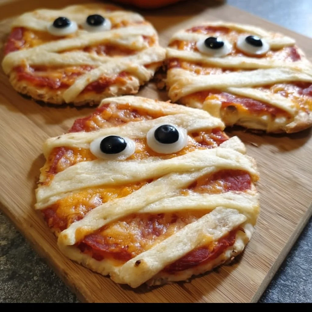 Halloween mummy pizzas with cheese and olives, perfect for a spooky celebration.