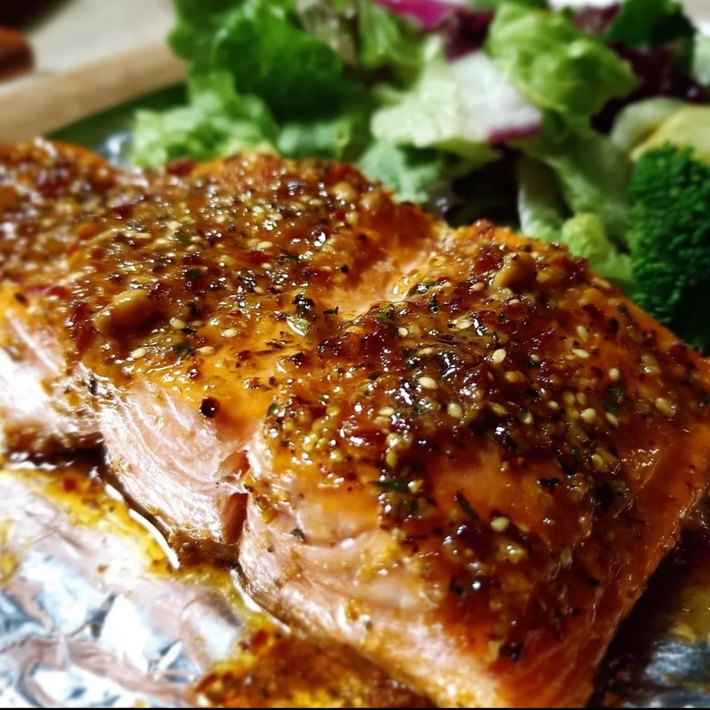 Quickly baked honey mustard salmon dish garnished with herbs and served on a plate.