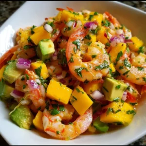 Quick mango shrimp ceviche with avocado served in a bowl