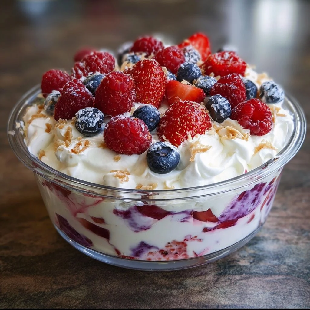 Refreshing Berry Cheesecake Salad with fresh berries and creamy cheesecake dressing.