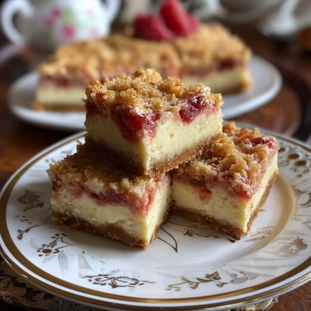 Rhubarb cheesecake squares with creamy filling and buttery crust