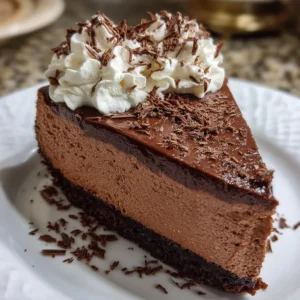 No bake chocolate cheesecake topped with chocolate shavings and berries