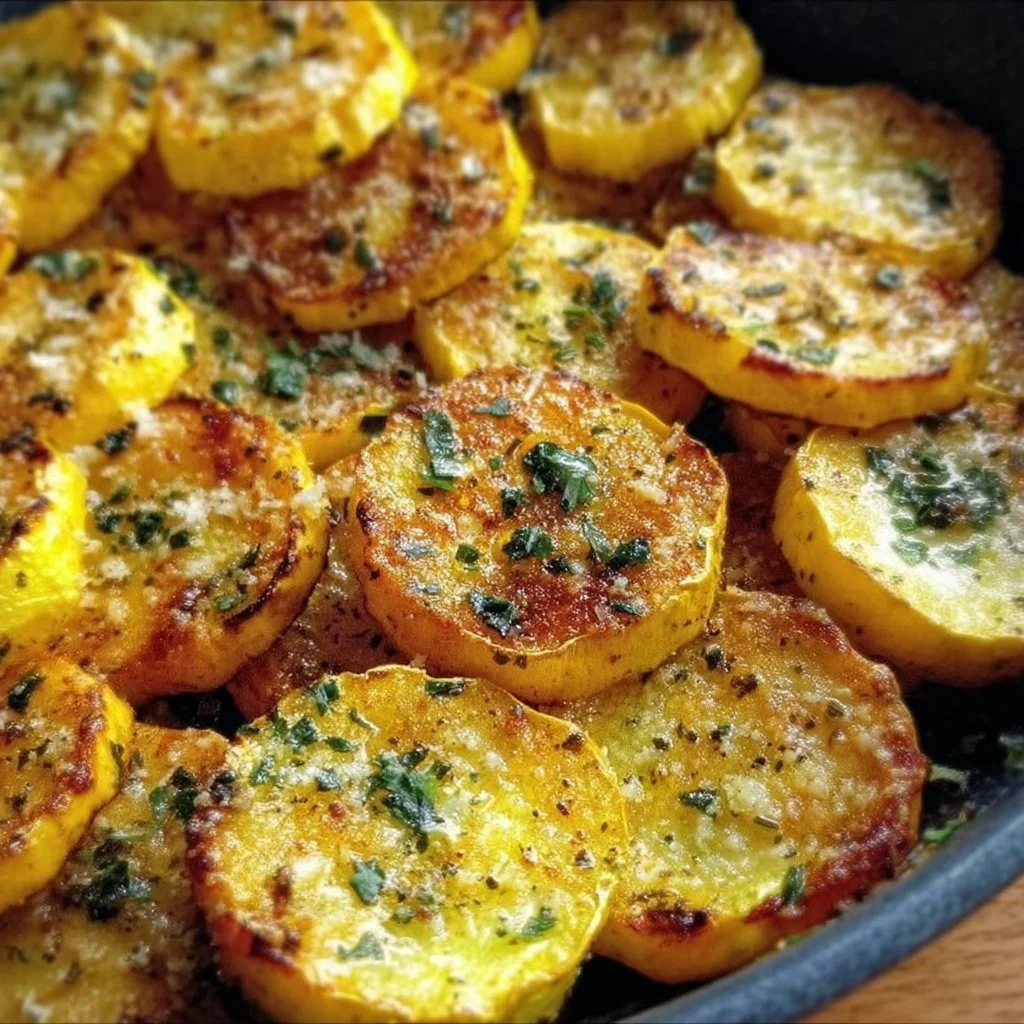 Bowl of roasted summer squash garnished with herbs and spices