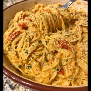 Plate of roasted tomato and garlic ricotta pasta garnished with herbs