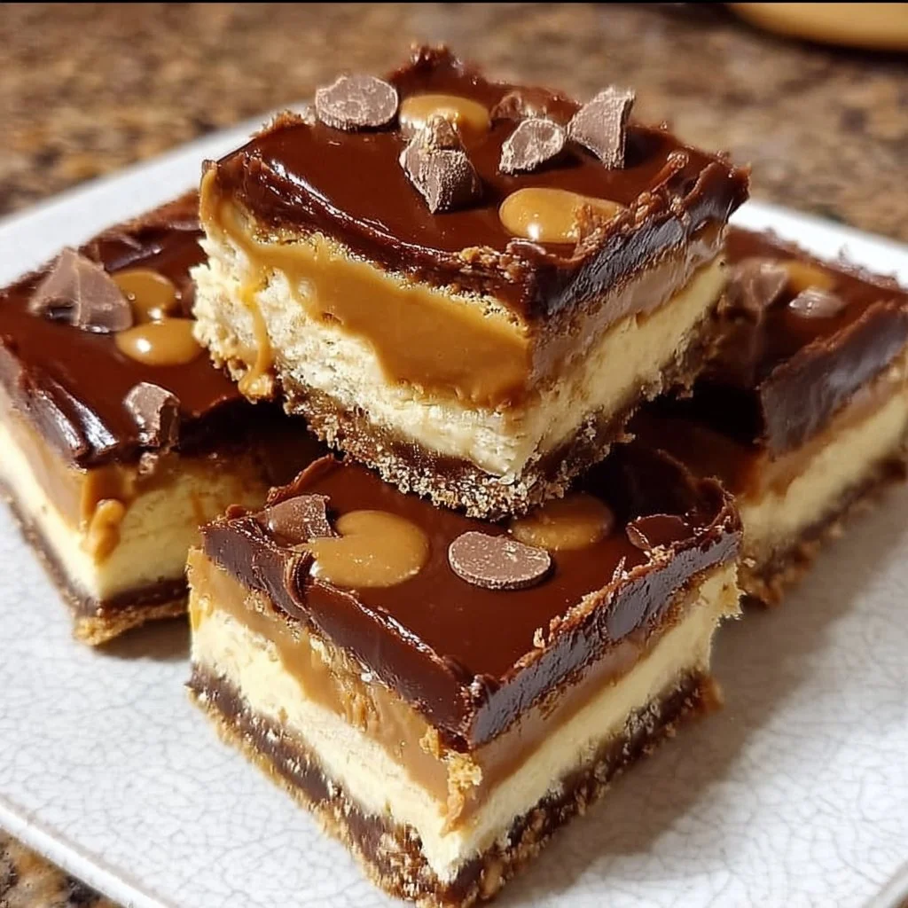 Delicious Rolo Cheesecake Bars topped with caramel and chocolate
