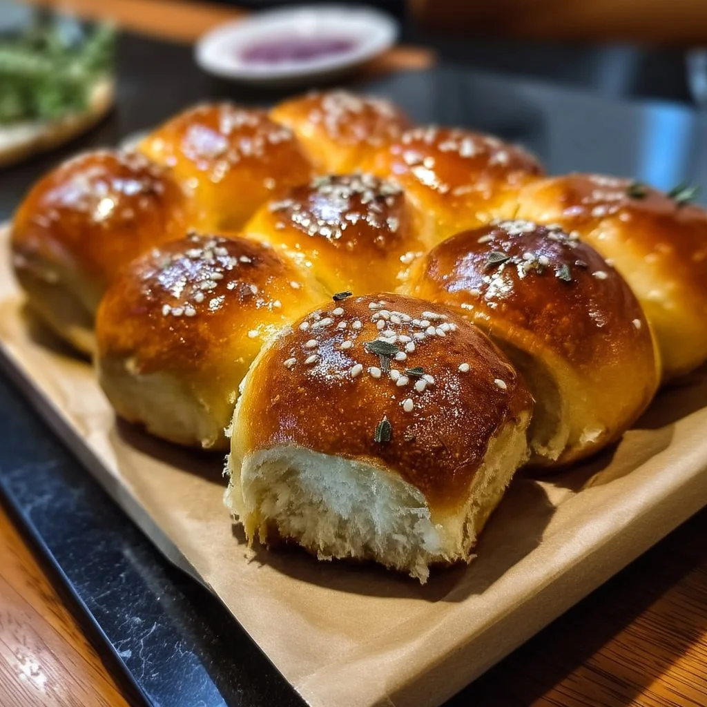 Freshly baked salted sage honey butter brioche rolls on a wooden serving board