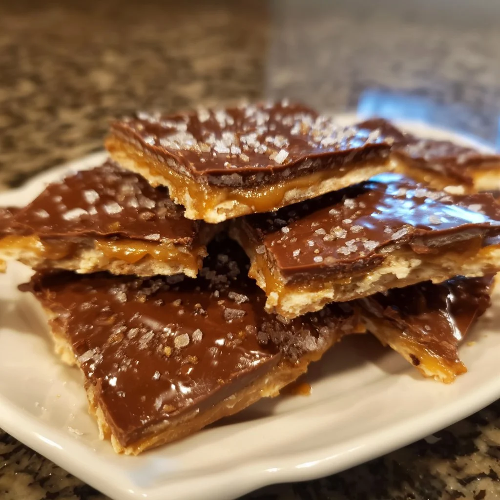 Delicious Saltine Cracker Toffee drizzled with chocolate and topped with nuts.