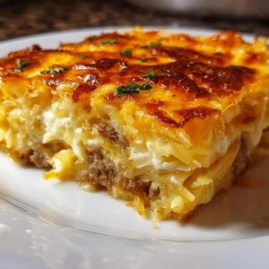 Sausage, Egg & Cream Cheese Hashbrown Casserole baked to perfection