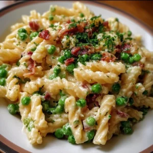 Savory creamy pasta with peas and pancetta, garnished and ready to serve.