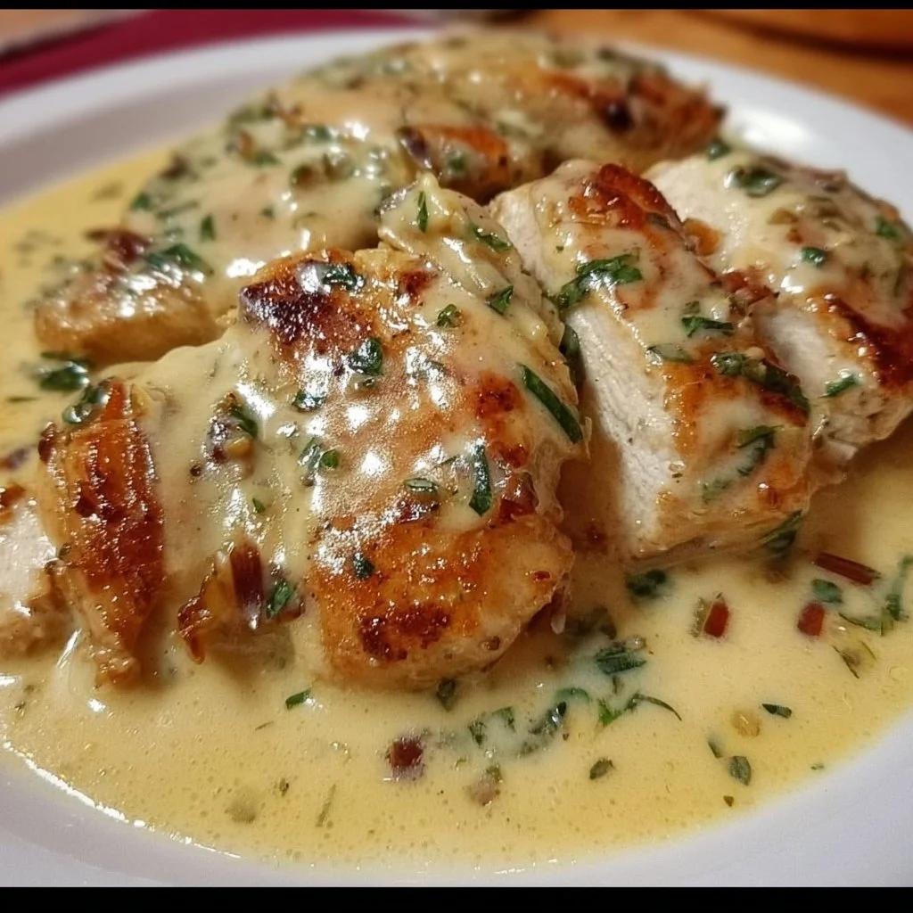Savory garlic chicken served in a creamy sauce with herbs and spices