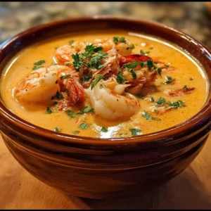 Bowl of creamy seafood bisque with crab, shrimp, and lobster garnished with herbs