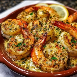 Plate of Shrimp Oreganata garnished with herbs and breadcrumbs