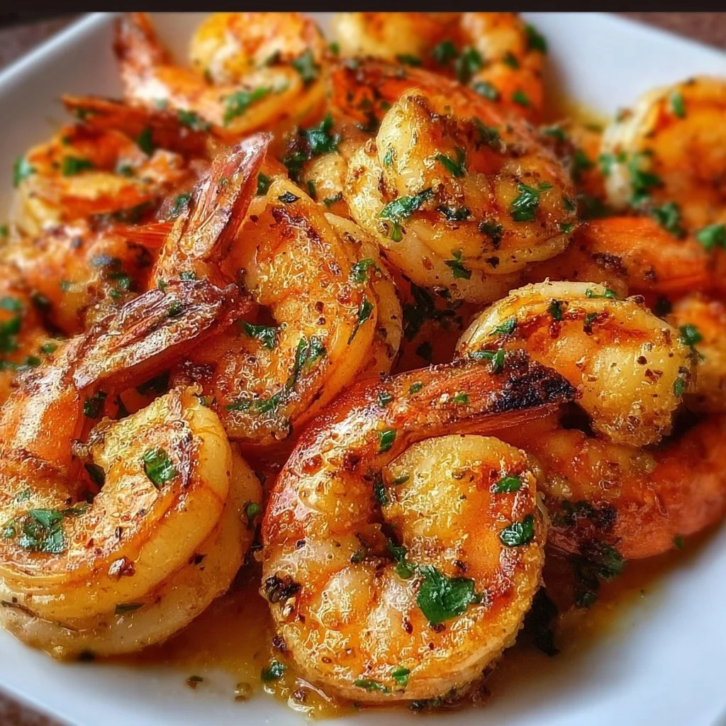 Plate of simple sautéed shrimp garnished with herbs and lemon.