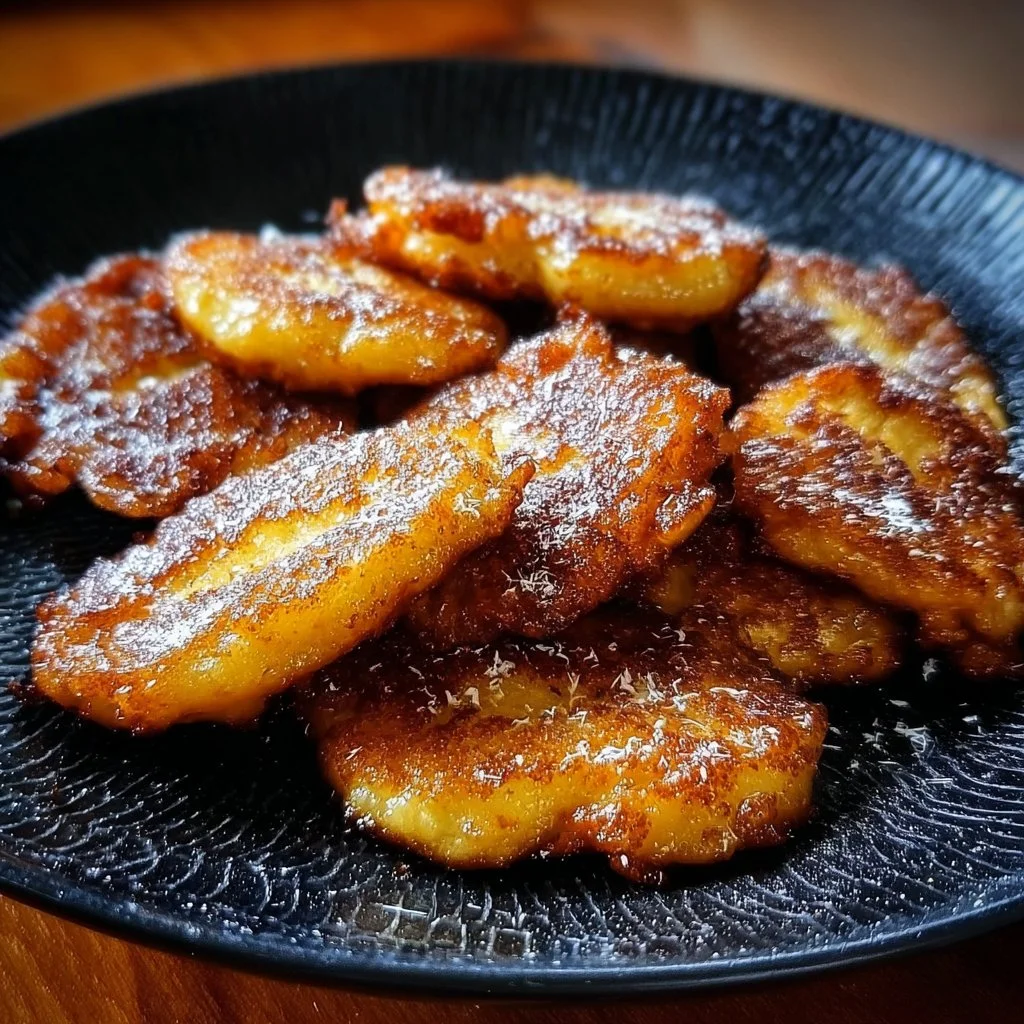 Crispy skillet banana fritters served on a plate