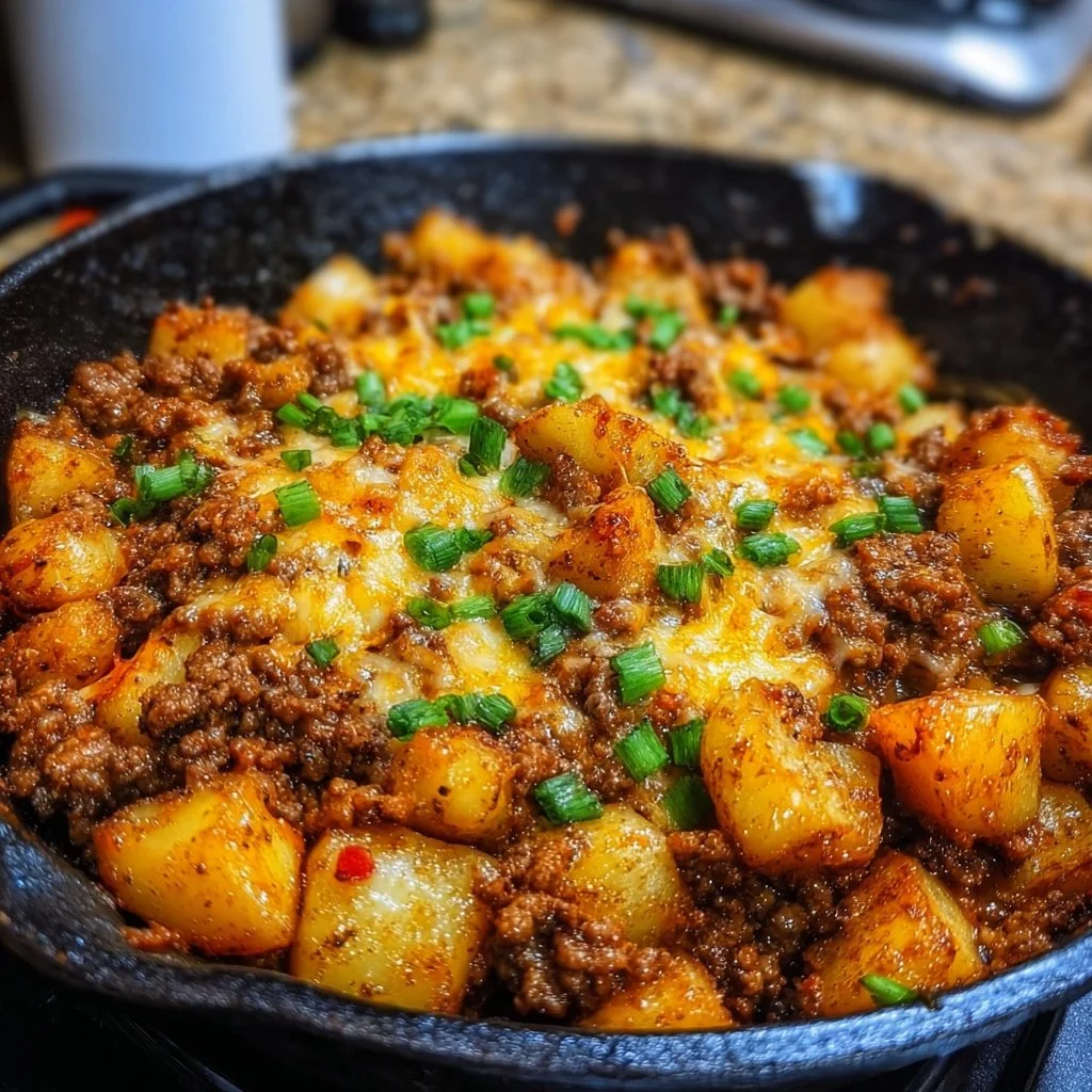 Sloppy Joe Potato Skillet served in a rustic dish, garnished with herbs.