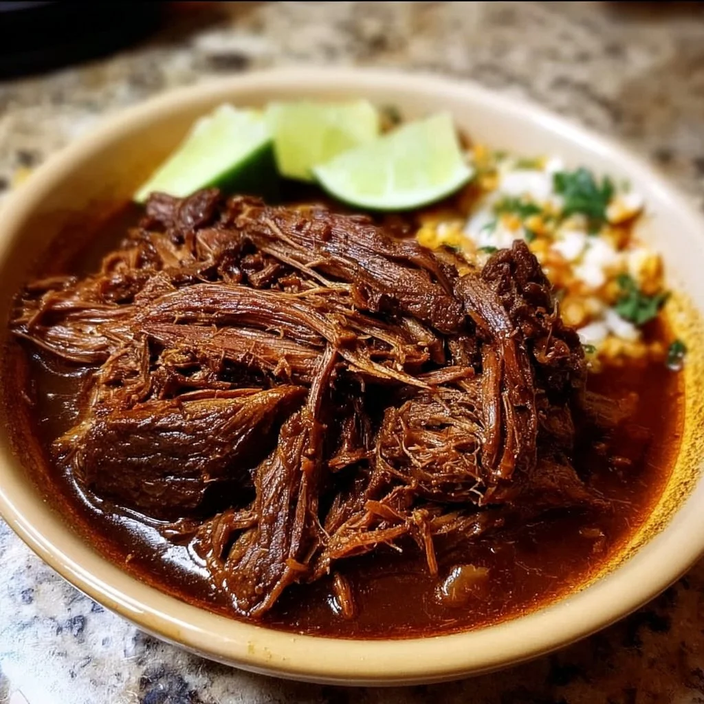 Slow-Cooked Braised Beef Barbacoa served on a plate with fresh toppings