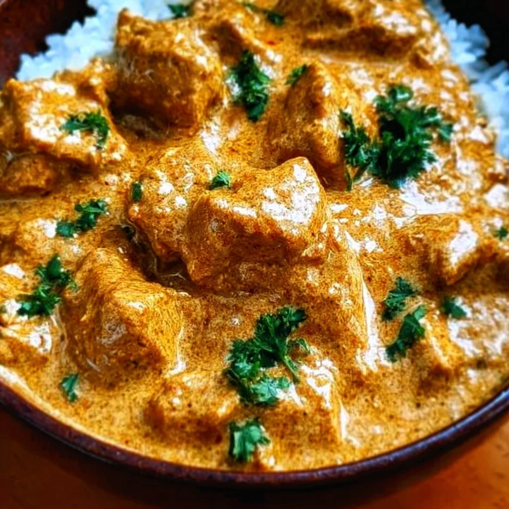 Delicious slow cooker butter chicken served with rice, topped with cilantro.