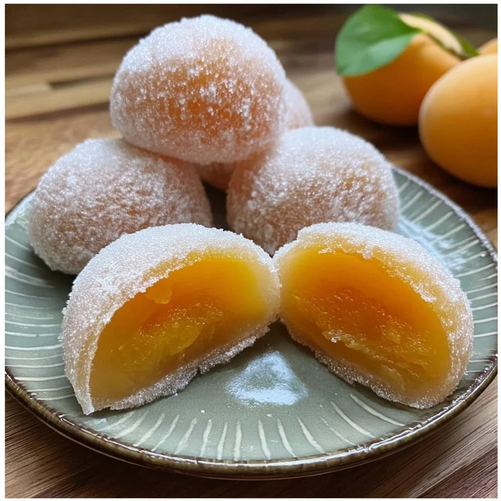 Delicious soft and chewy peach mochi with fresh peaches inside.