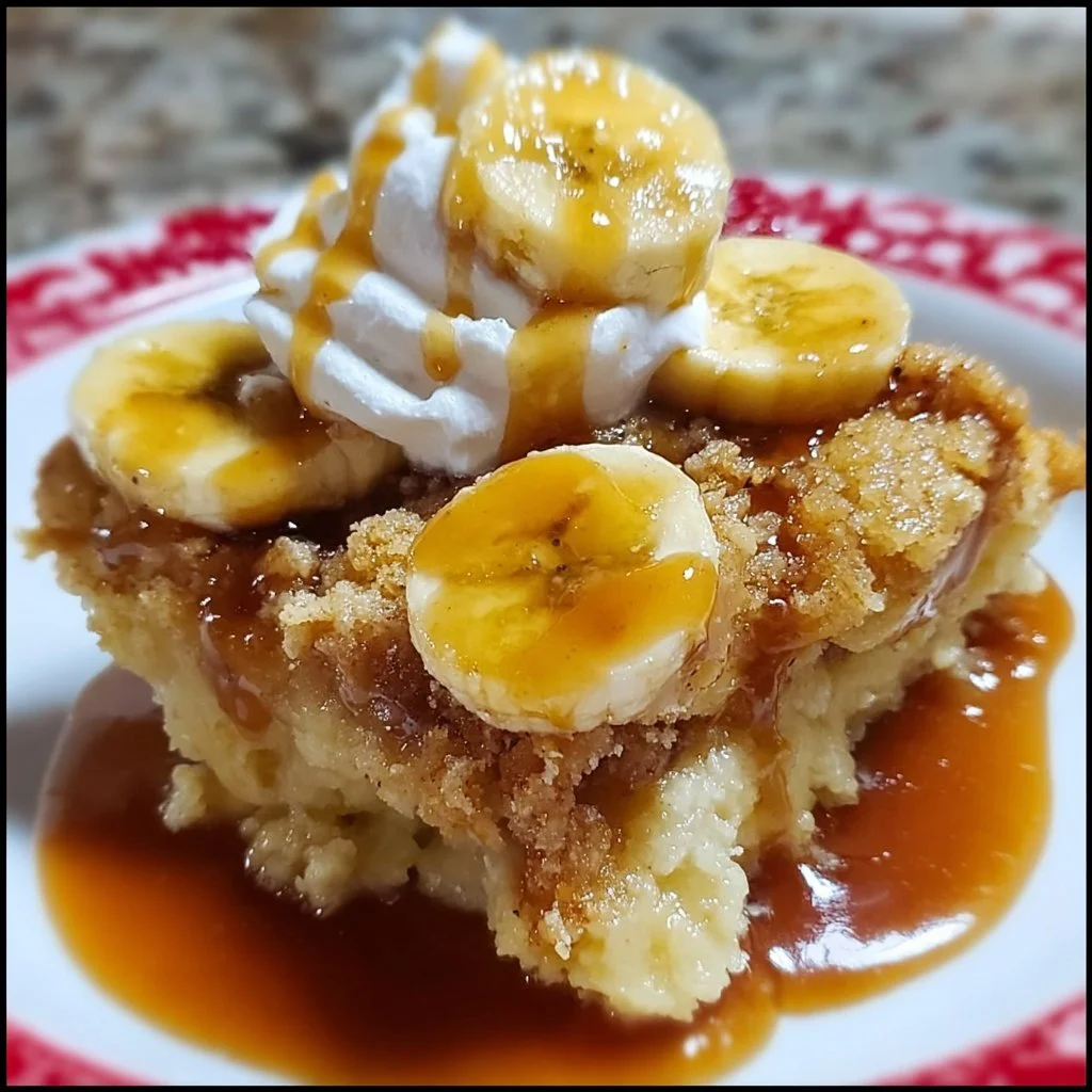 Delicious Southern banana cobbler served warm with a scoop of ice cream