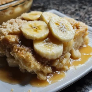 Delicious Southern banana cobbler topped with fresh bananas and a golden crust