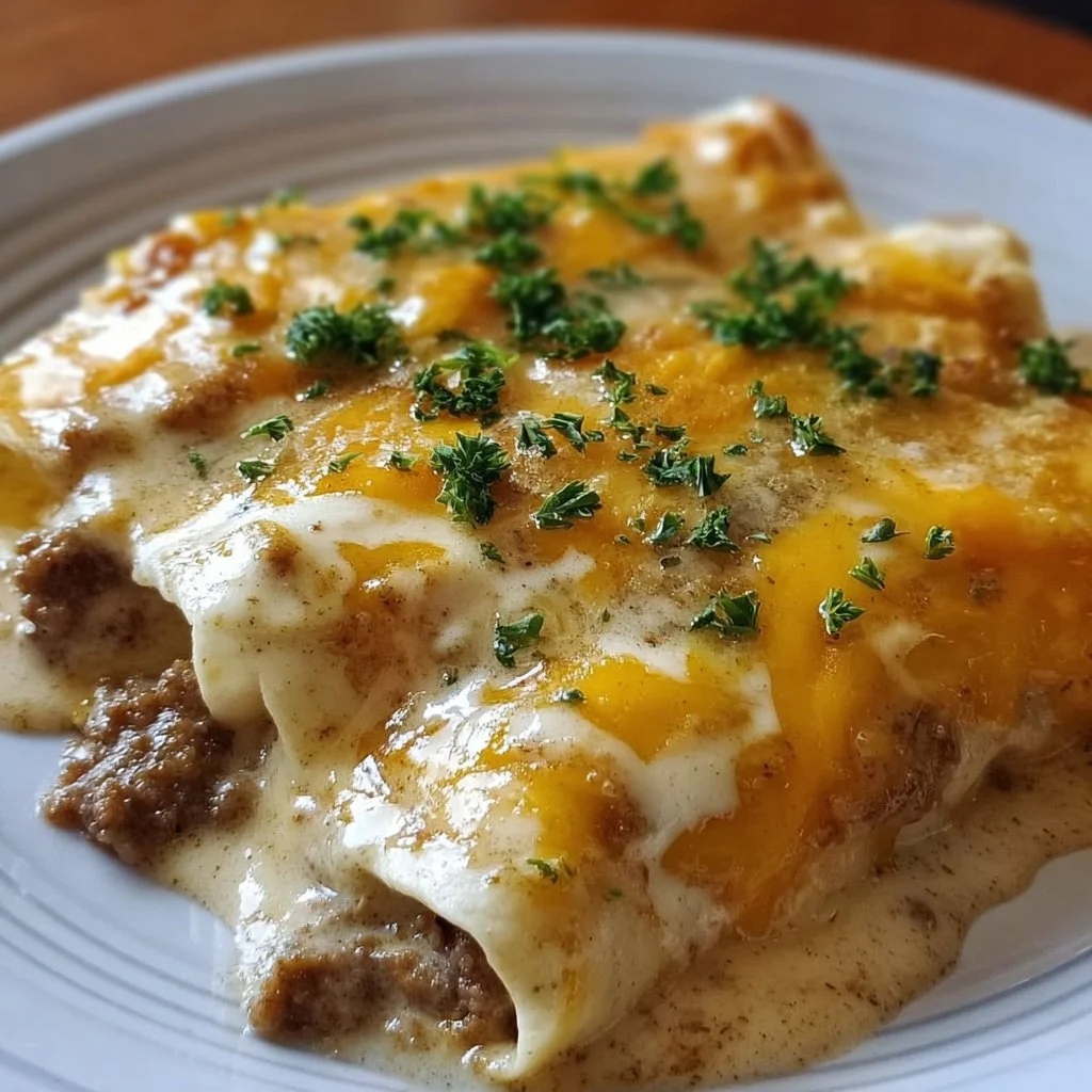 Southern breakfast enchiladas topped with sausage gravy and fresh herbs