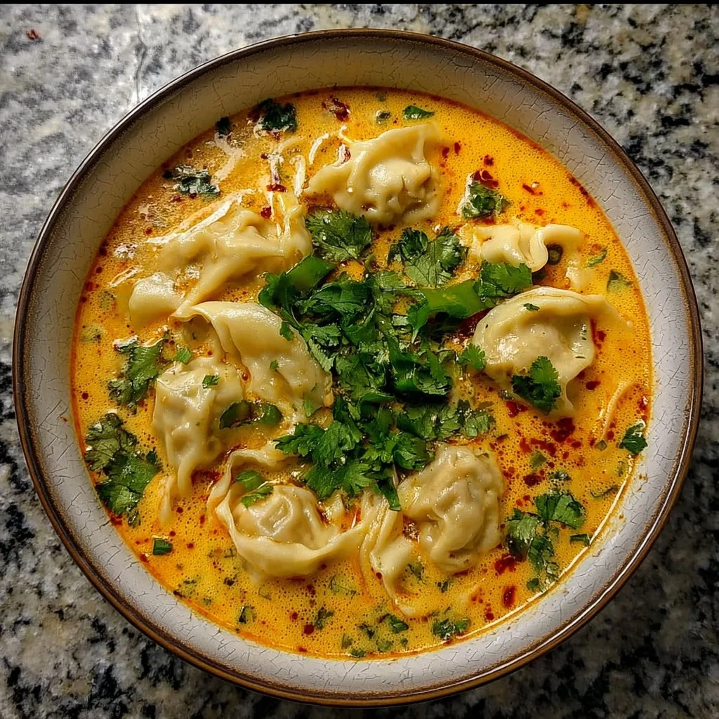 Bowl of Spicy Coconut Curry Dumpling Soup with vibrant ingredients and spices