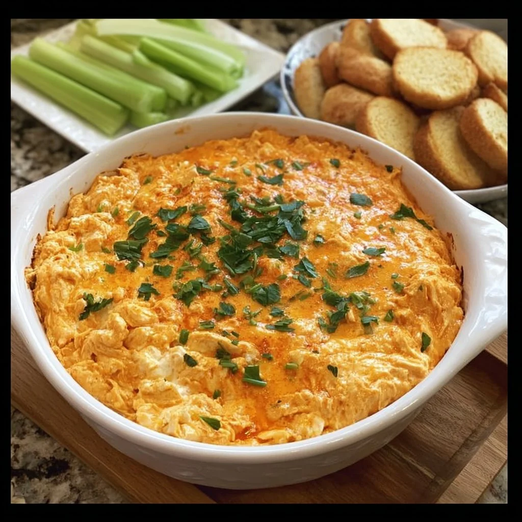 Creamy Buffalo Chicken Dip made with Frank's hot sauce, perfect for parties.