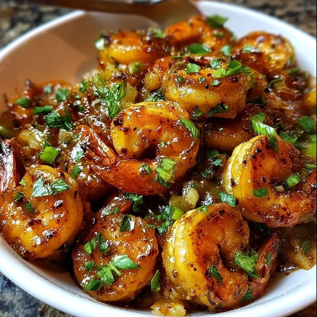 A plate of spicy drunken shrimp garnished with fresh herbs and spices.