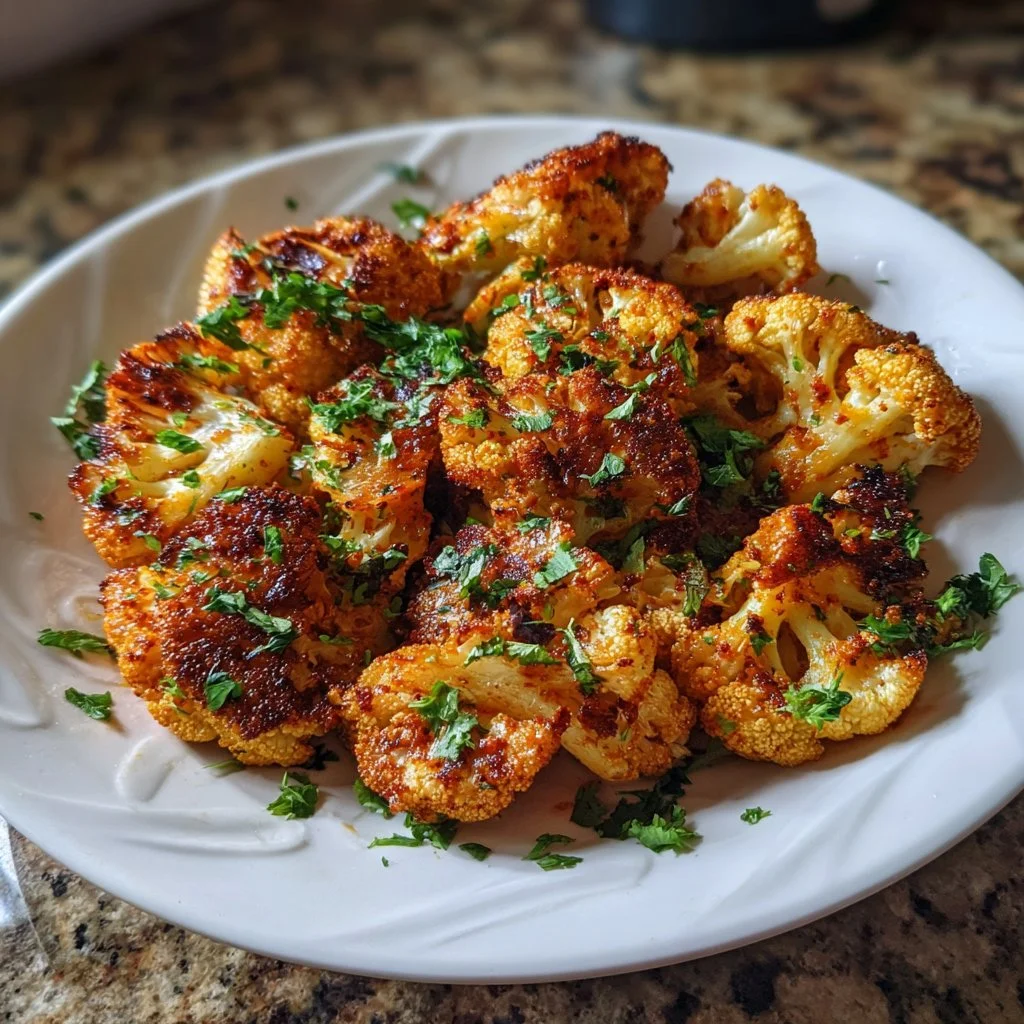 Spicy Harissa Roasted Cauliflower dish garnished with herbs and spices