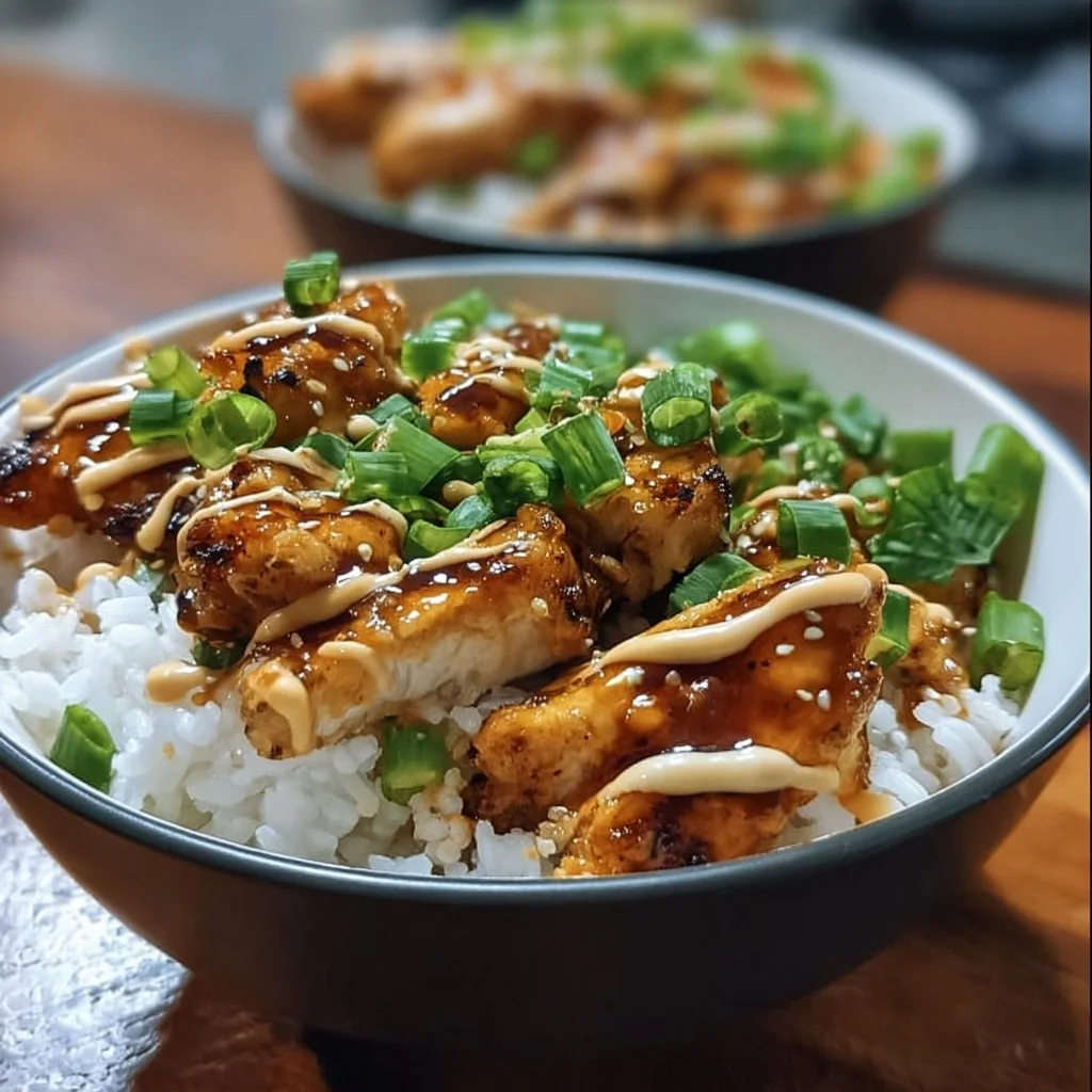Spicy honey-ginger chicken bowl served with yum yum sauce and fresh vegetables