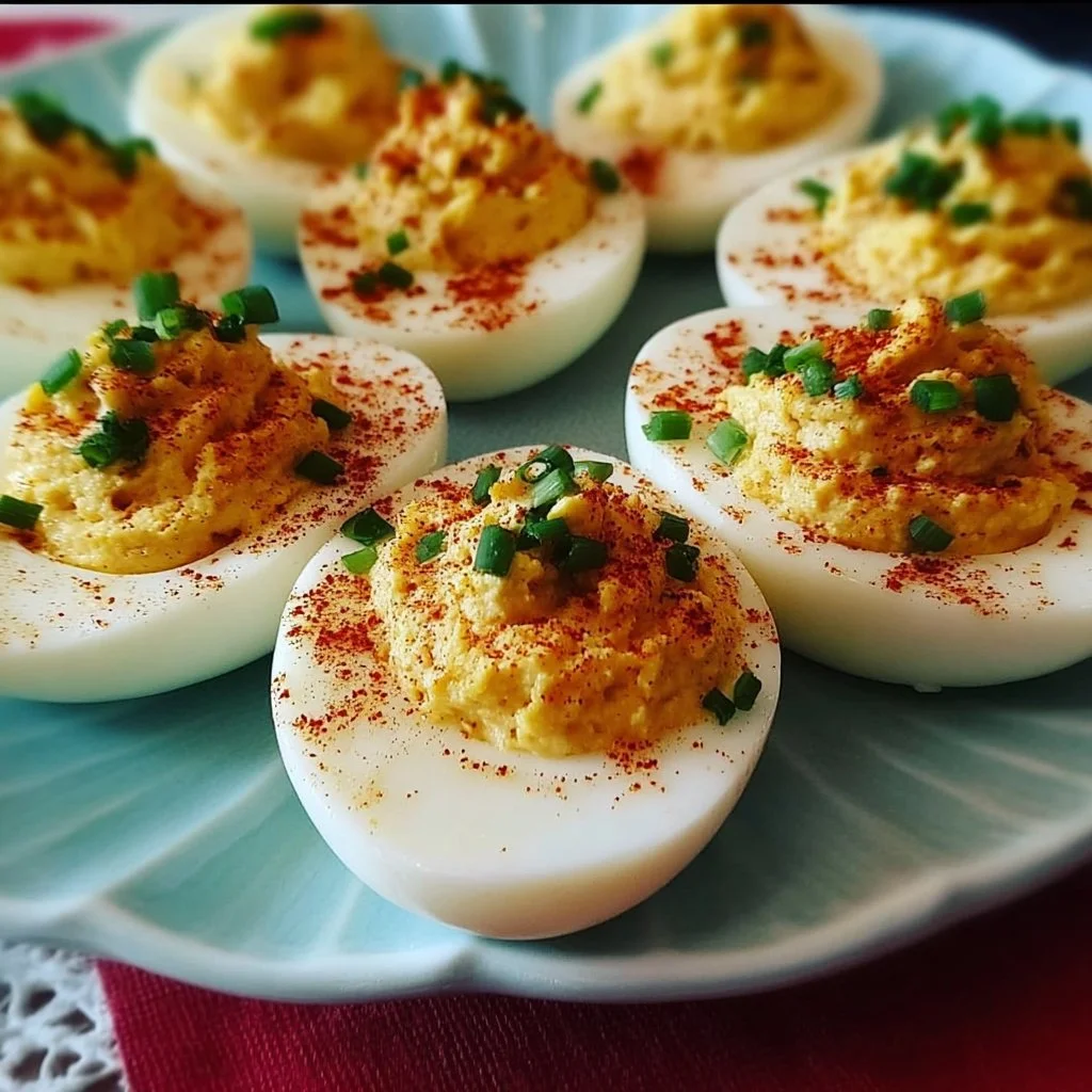 Spicy Nashville Hot Deviled Eggs served on a platter