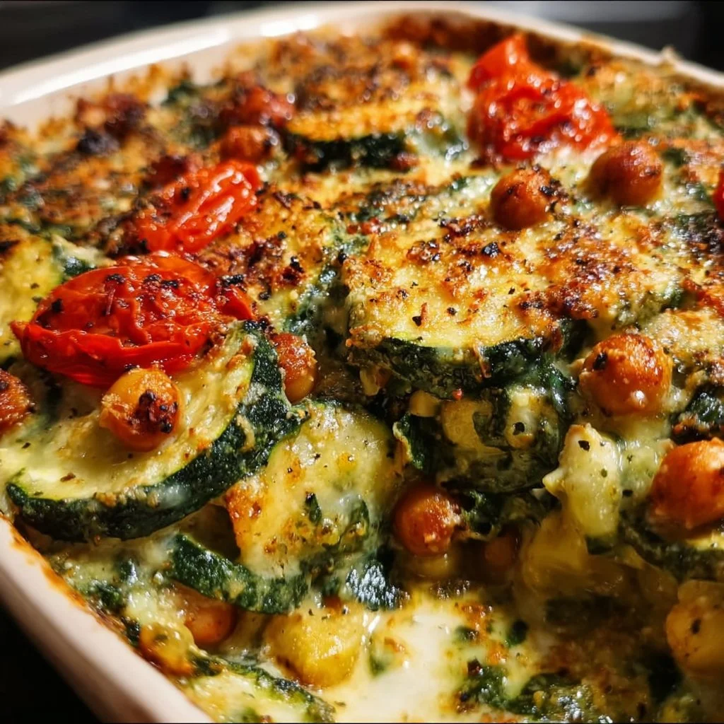 Delicious Spinach Zucchini Chickpea Bake served in a dish