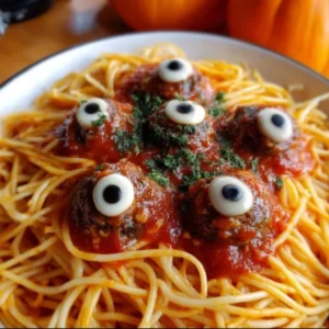 Spooktacular Halloween Spaghetti dish with creepy toppings