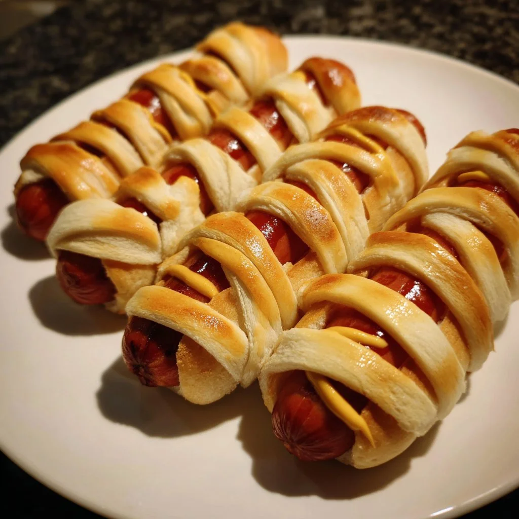 Spooky mummy hot dogs wrapped in pastry, ideal Halloween treats.