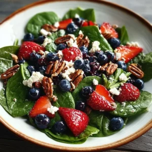 Strawberry and blueberry spinach salad with pecans and feta cheese