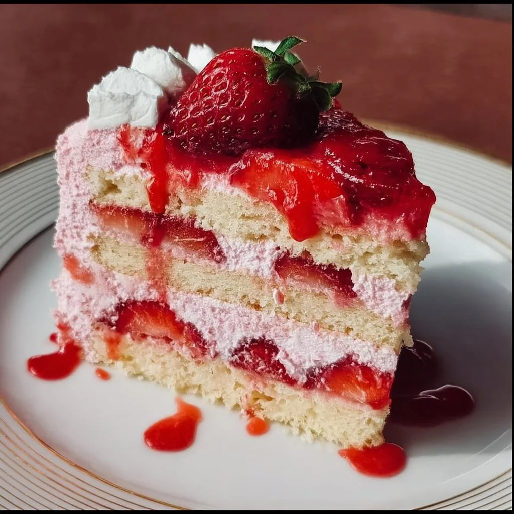 Delicious homemade Strawberry Box Cake with fresh strawberries and whipped cream