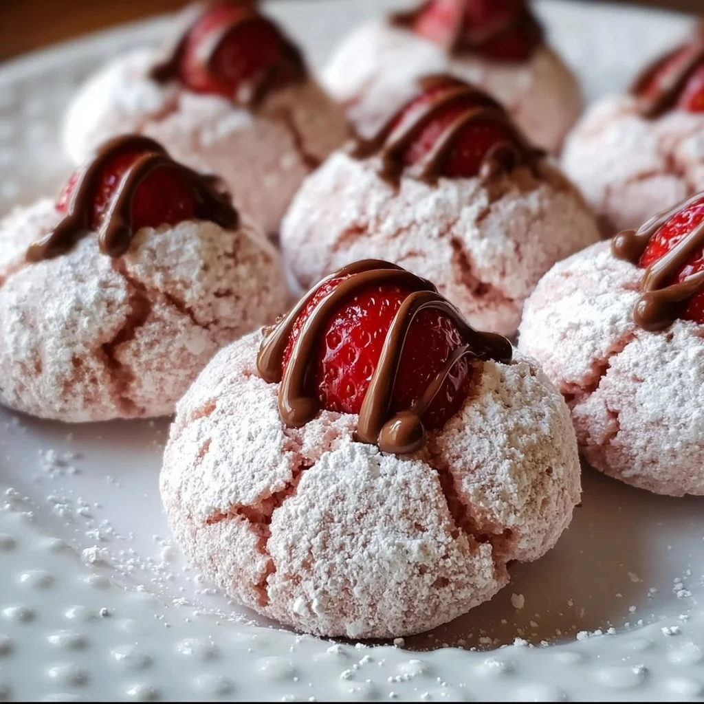 Strawberry cookies drizzled with chocolate and dusted with powdered sugar
