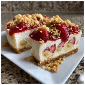Strawberry Crunch and Banana Pudding Cheesecake slice on a plate