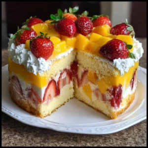 Delicious Strawberry Mango Split Cake with fresh fruit topping