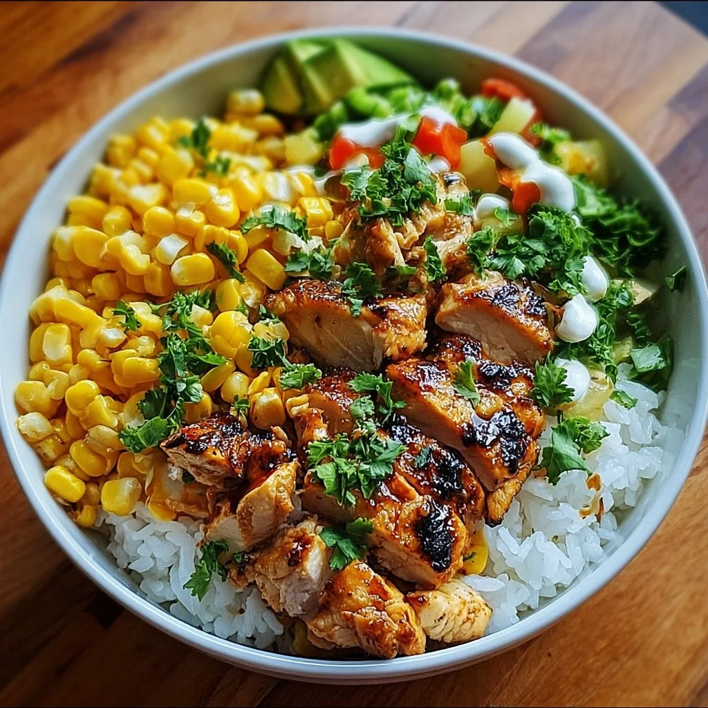 Delicious street corn chicken rice bowl topped with fresh herbs and cheese