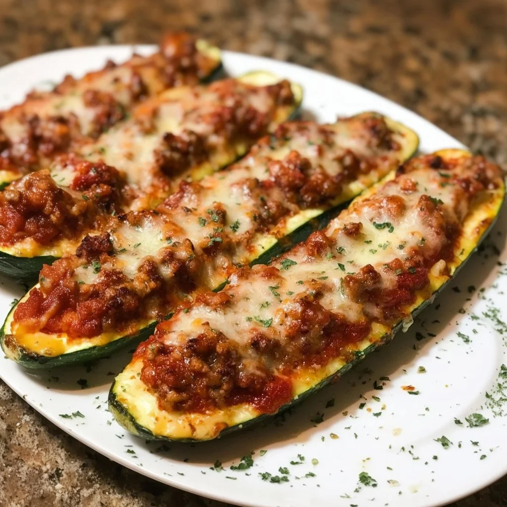 Delicious stuffed zucchini boats with savory filling, plated and ready to serve.
