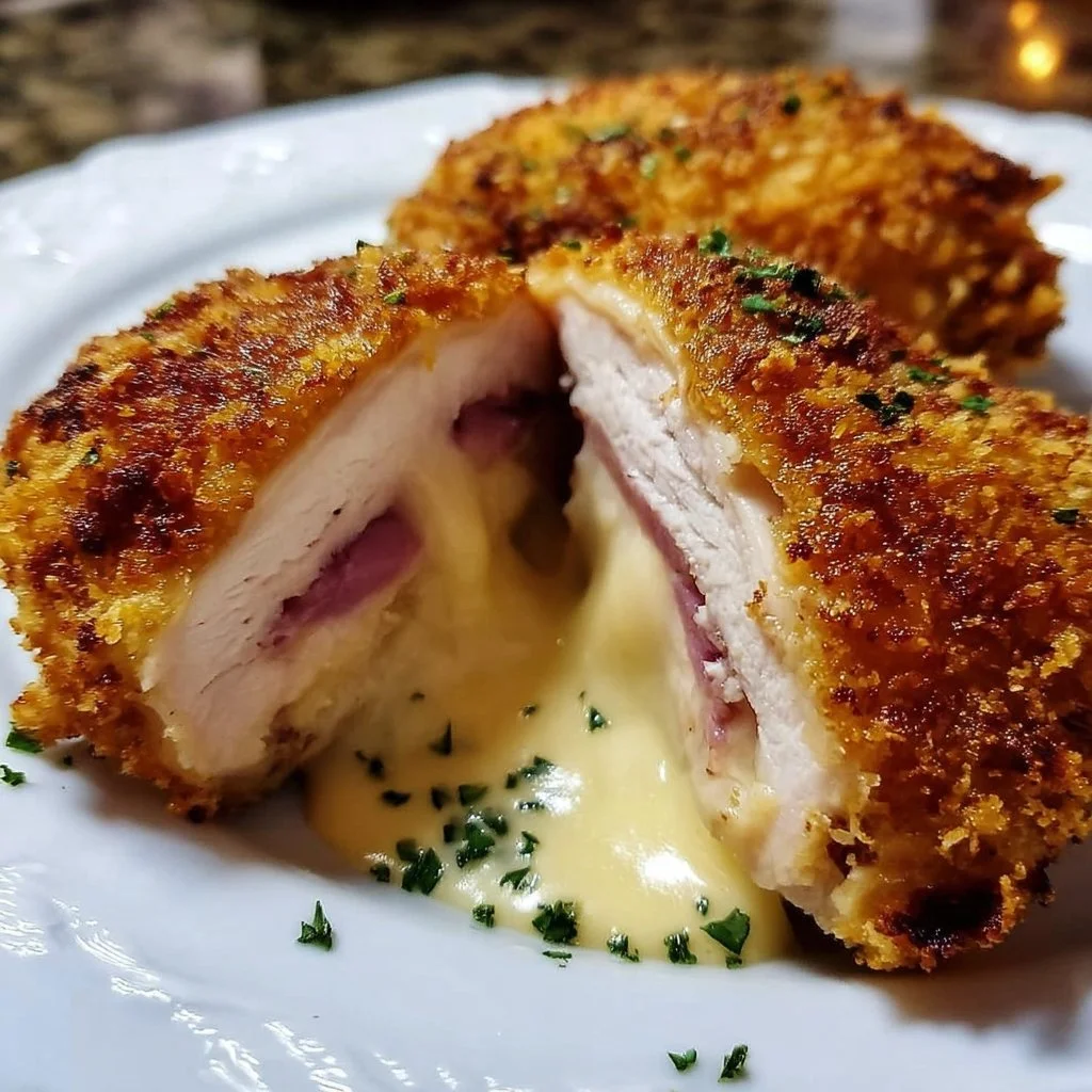 Crispy and creamy chicken cordon bleu with ham and cheese filling