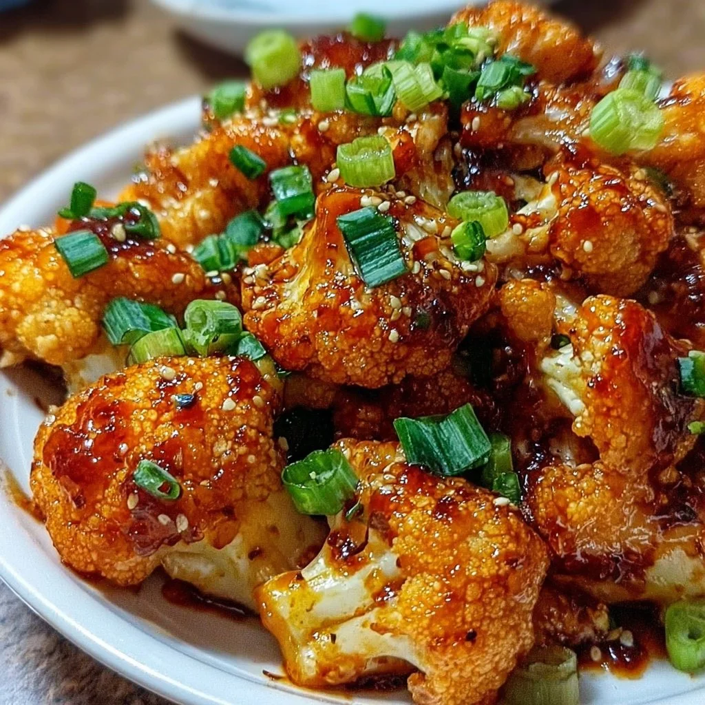 Plate of Sweet and Spicy Baked Cauliflower garnished with herbs