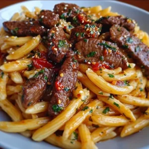 Delicious sweet and spicy garlic steak pasta dish ready to serve