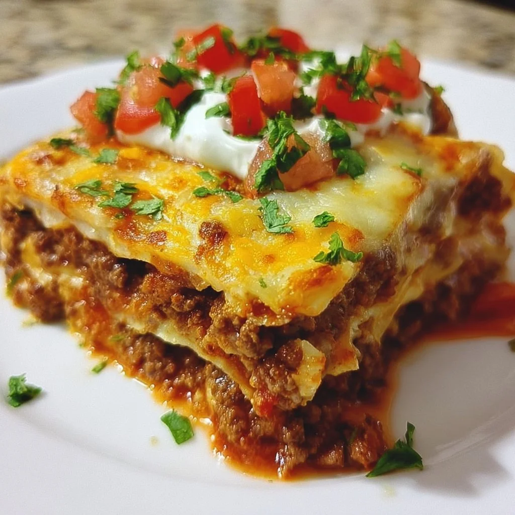 Delicious Taco Lasagna layered with beef, cheese, and tortillas
